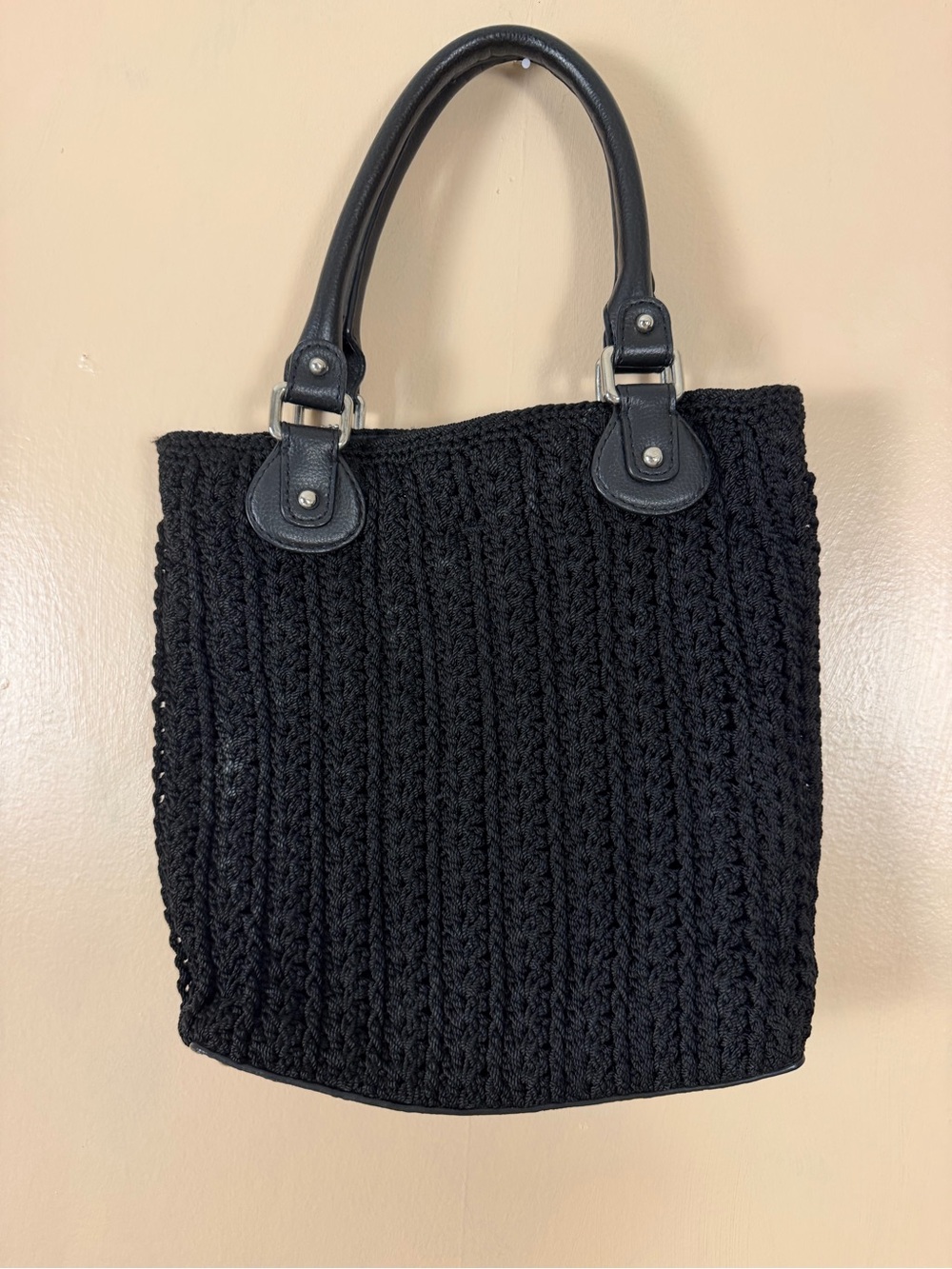 The Sak Black Crochet Tote Bag with Leather Handles